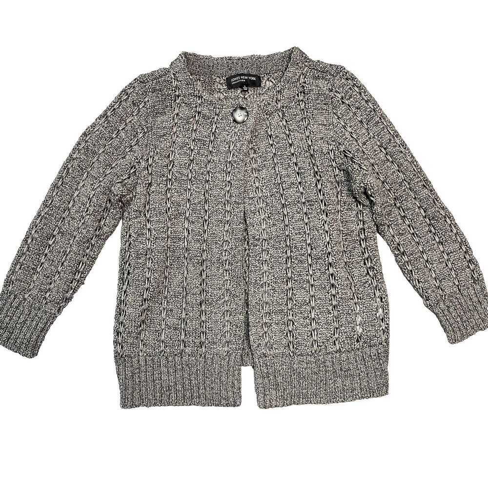 JONES NEW YORK Sweater Womens Sz Small Ribbon Open Knit One Button Cardigan Gray